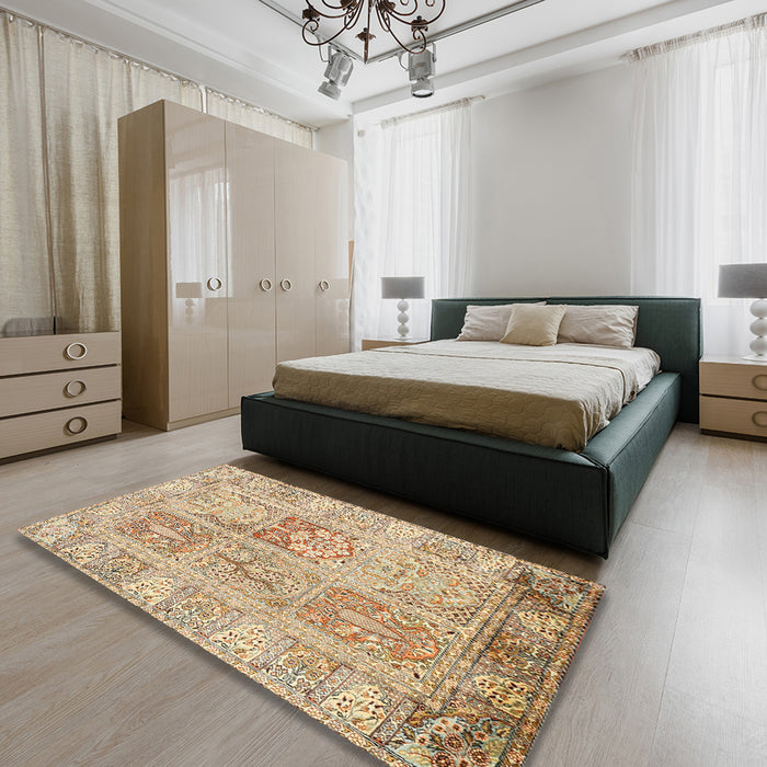 Machine Washable Traditional Brown Gold Rug in a Bedroom, wshtr983