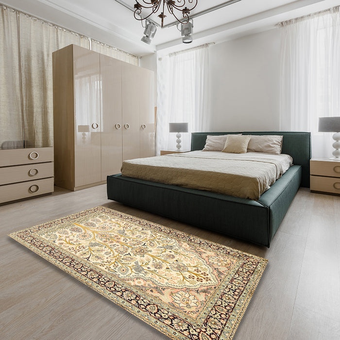 Traditional Khaki Gold Persian Rug in a Bedroom, tr985