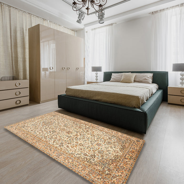Traditional Brown Gold Persian Rug in a Bedroom, tr986