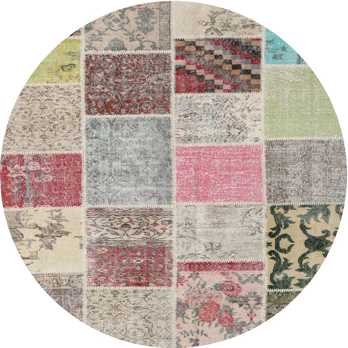 Round Contemporary Dark Almond Brown Patchwork Rug, con1425