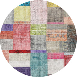 Round Contemporary Mauve Taupe Purple Patchwork Rug, con1429