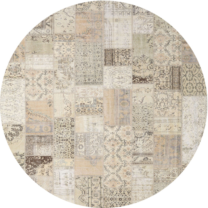 Round Contemporary Light French Beige Brown Patchwork Rug, con2887