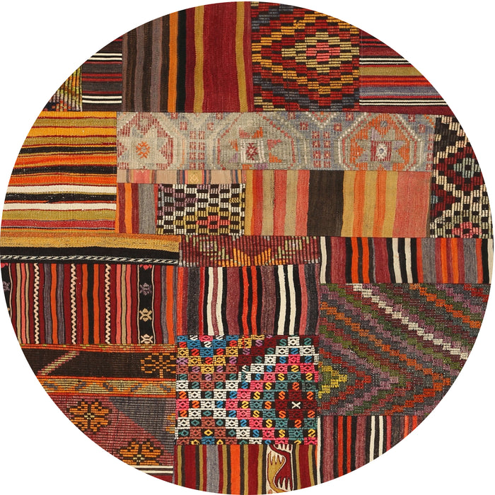 Round Contemporary Saffron Red Patchwork Rug, con437