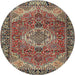 Round Traditional Dark Khaki Green Medallion Rug, tr2570