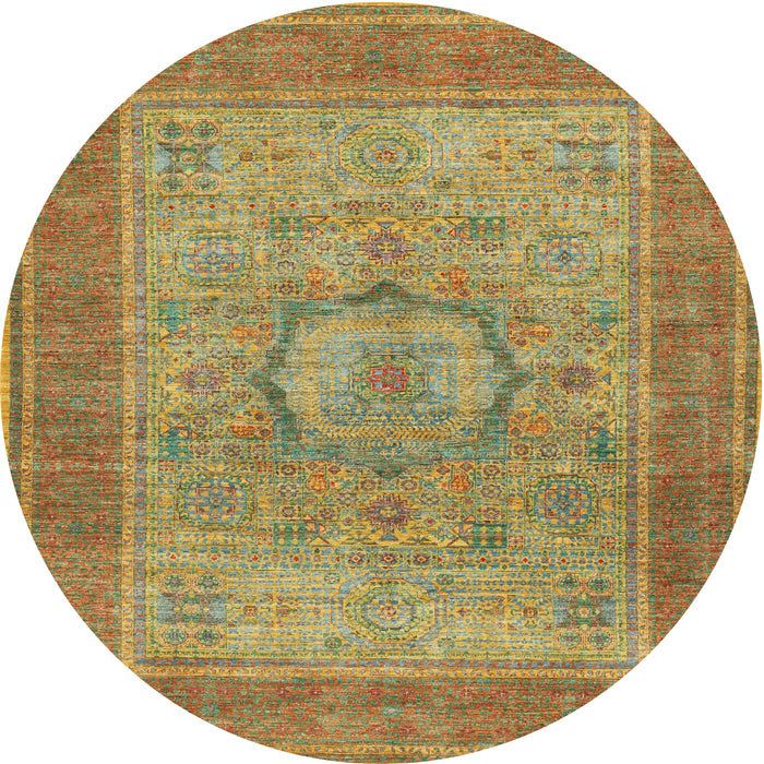 Round Traditional Copper Green Medallion Rug, tr3178