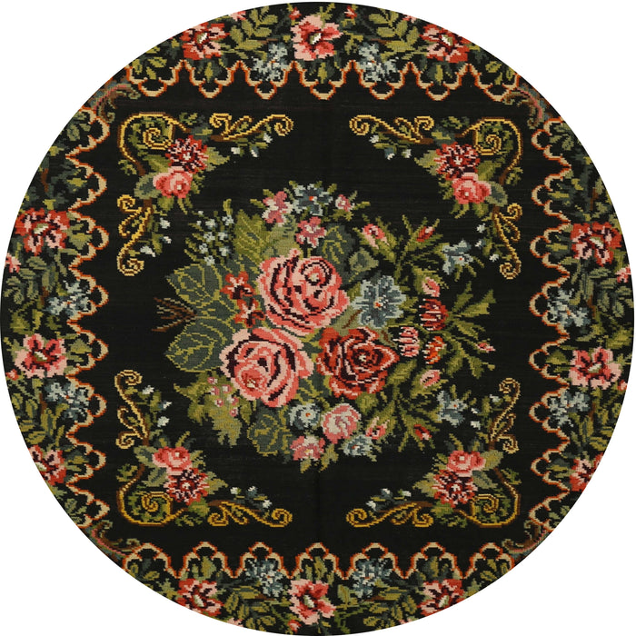 Round Traditional Black Brown Medallion Rug, tr470