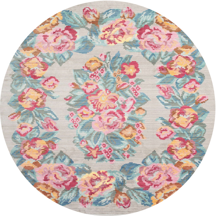 Round Traditional Pale Silver Gray Medallion Rug, tr616