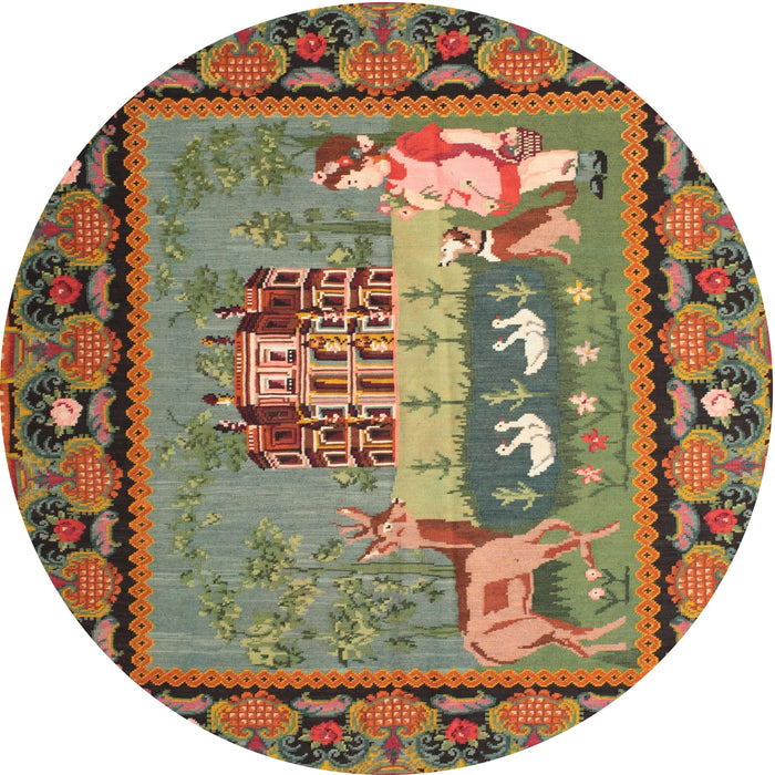 Round Traditional Copper Green Medallion Rug, tr931