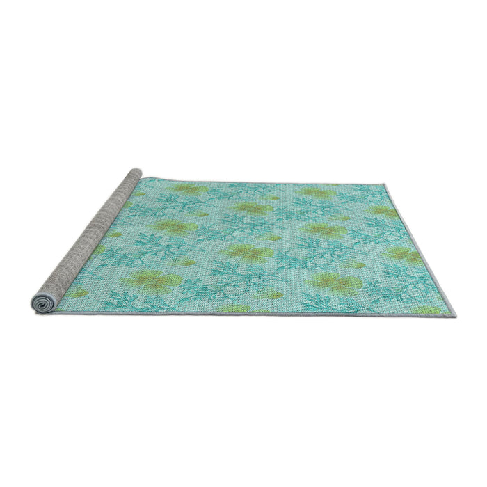 Sideview of Machine Washable Transitional Medium Turquoise Green Rug, wshpat1277lblu