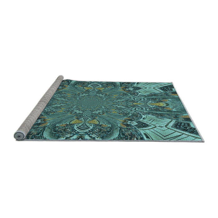 Sideview of Machine Washable Transitional Medium Turquoise Green Rug, wshpat128lblu