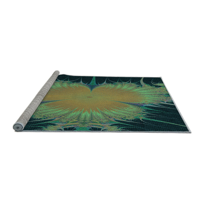 Sideview of Machine Washable Transitional Green Rug, wshpat1298lblu