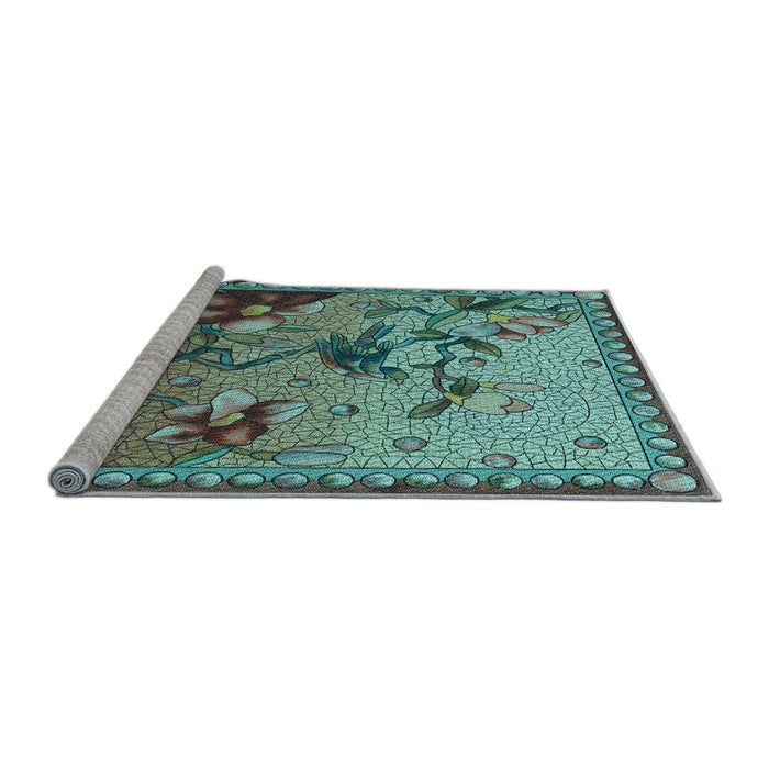 Sideview of Machine Washable Transitional Green Rug, wshpat1306lblu