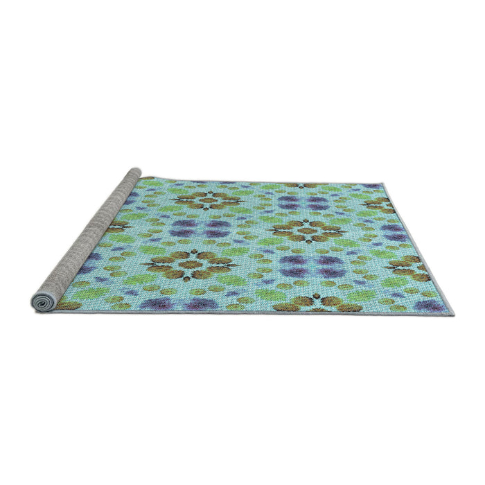 Sideview of Machine Washable Transitional Aquamarine Green Rug, wshpat1333lblu