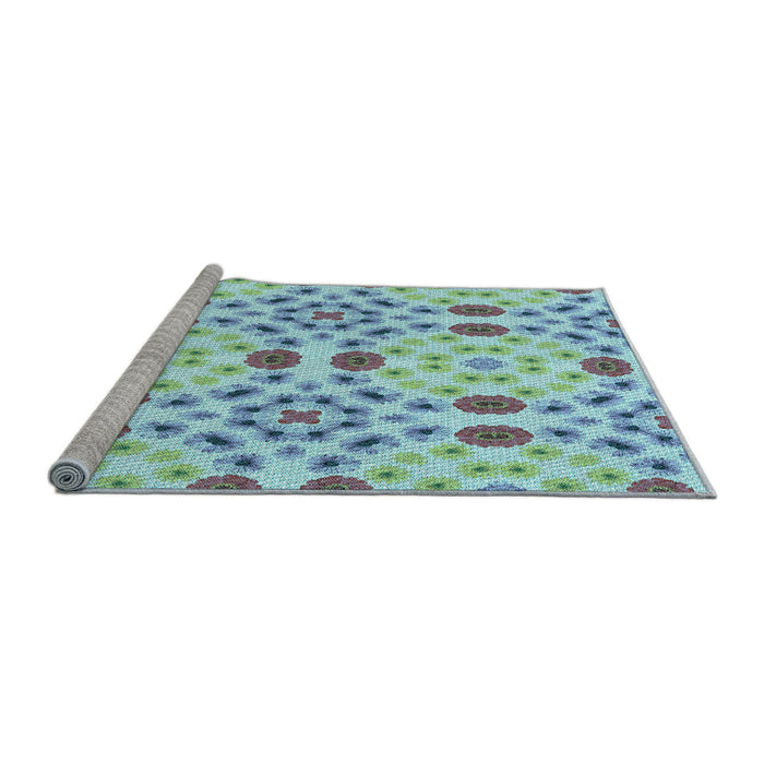 Sideview of Machine Washable Transitional Aquamarine Green Rug, wshpat1337lblu