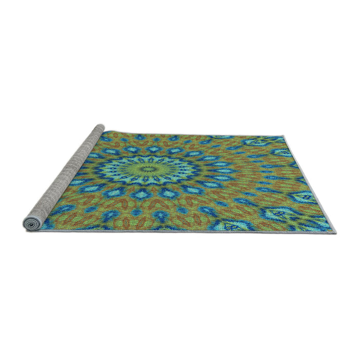 Sideview of Machine Washable Transitional Hazel Green Rug, wshpat1397lblu