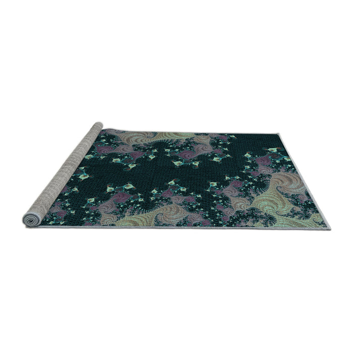 Sideview of Machine Washable Transitional Green Rug, wshpat1402lblu