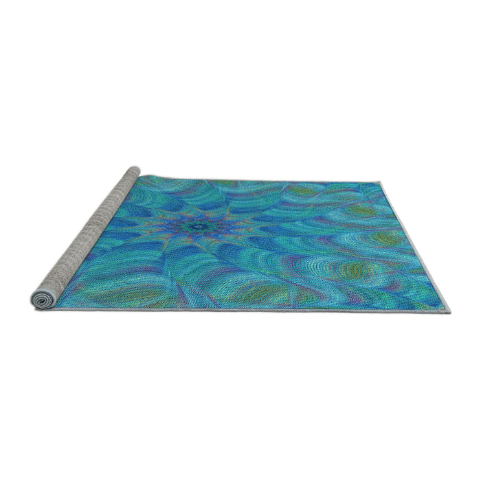 Sideview of Machine Washable Transitional Bright Turquoise Blue Rug, wshpat1406lblu