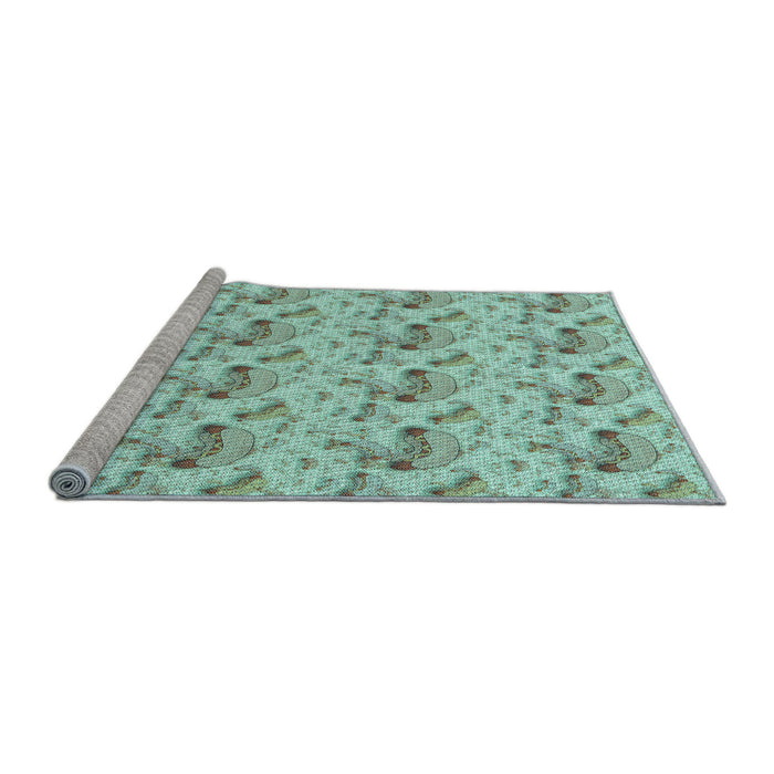 Sideview of Machine Washable Transitional Green Rug, wshpat1737lblu