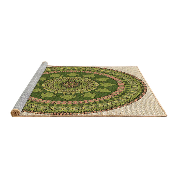Sideview of Machine Washable Transitional Ginger Brown Green Rug, wshpat1881brn