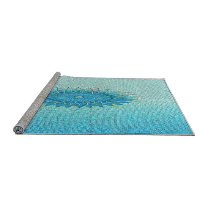 Sideview of Machine Washable Transitional Blue Turquoise Green Rug, wshpat1883lblu