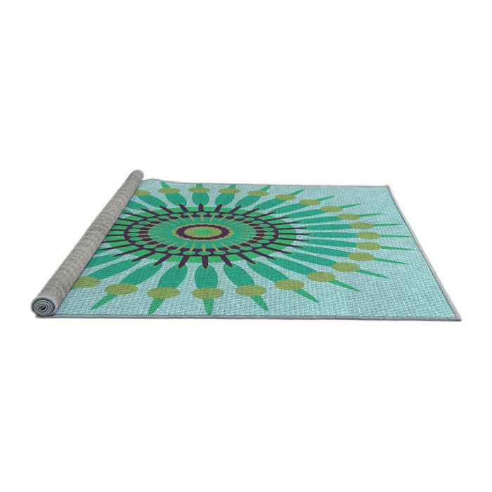 Sideview of Machine Washable Transitional Aquamarine Green Rug, wshpat1921lblu
