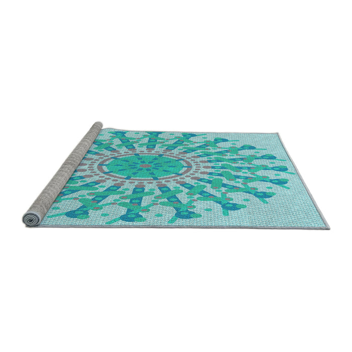 Sideview of Machine Washable Transitional Blue Turquoise Green Rug, wshpat1932lblu