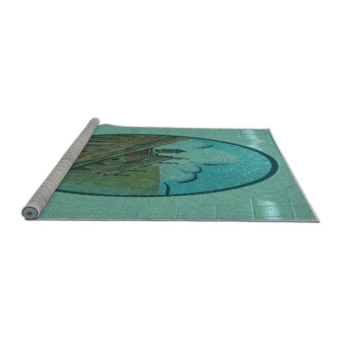 Sideview of Machine Washable Transitional Turquoise Green Rug, wshpat2054lblu