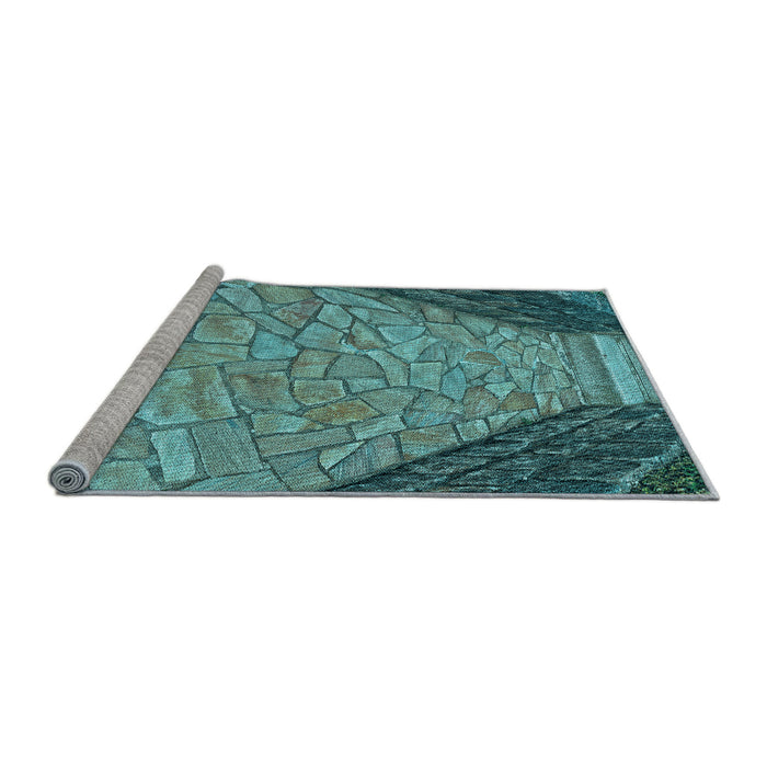 Sideview of Machine Washable Transitional Turquoise Green Rug, wshpat2201lblu