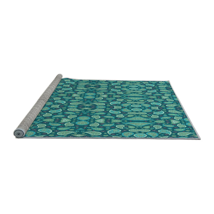 Sideview of Machine Washable Transitional Turquoise Green Rug, wshpat2297lblu