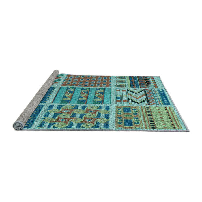 Sideview of Machine Washable Transitional Turquoise Green Rug, wshpat2678lblu