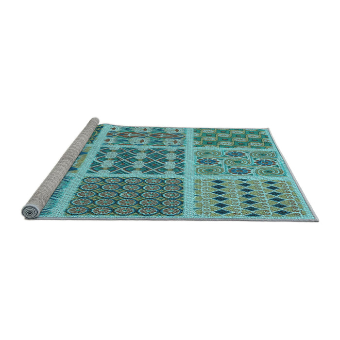 Sideview of Machine Washable Transitional Aquamarine Stone Green Rug, wshpat2682lblu