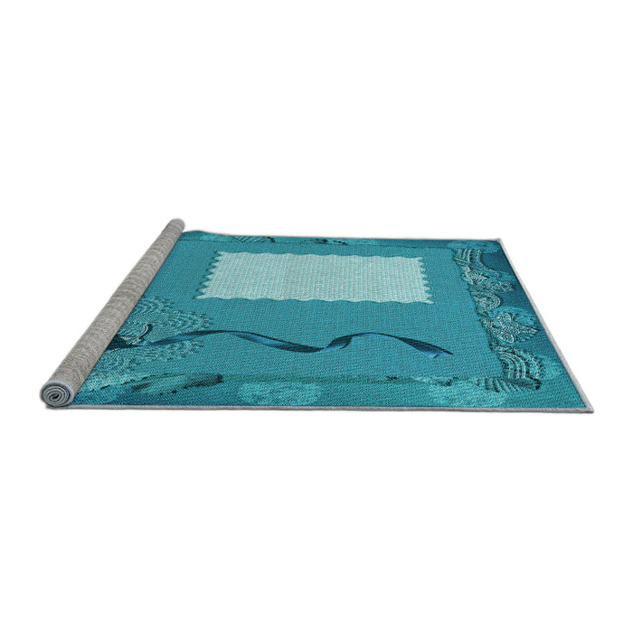 Sideview of Machine Washable Transitional Bright Turquoise Blue Rug, wshpat2783lblu
