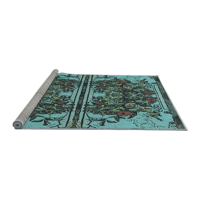 Sideview of Machine Washable Transitional Medium Turquoise Green Rug, wshpat2849lblu