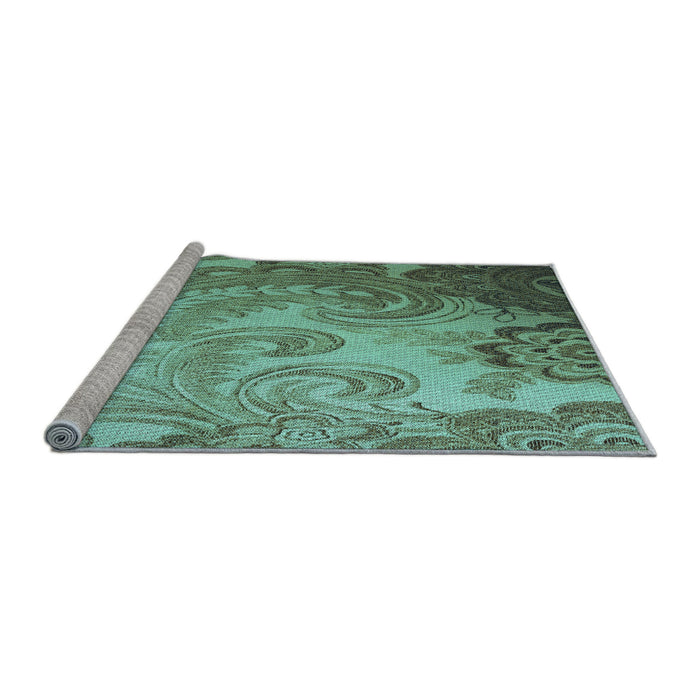 Sideview of Machine Washable Transitional Medium Turquoise Green Rug, wshpat3556lblu