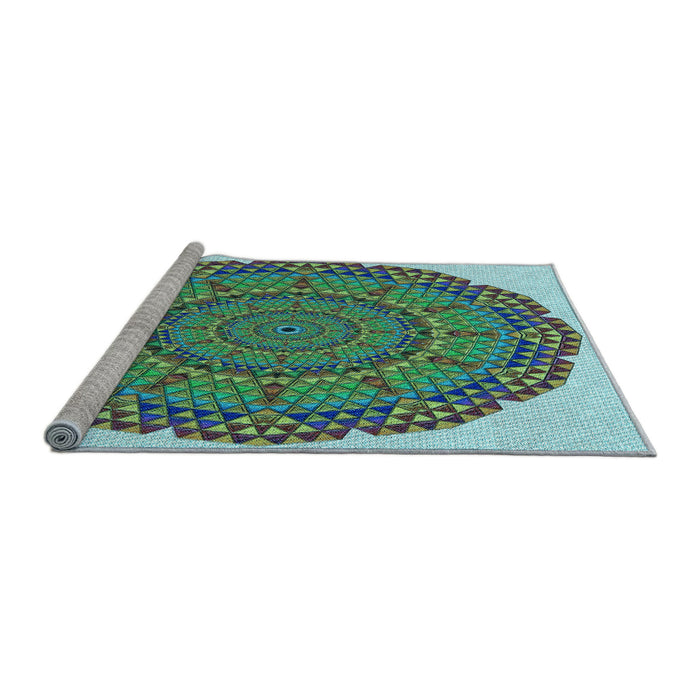 Sideview of Machine Washable Transitional Deep-Sea Green Rug, wshpat3711lblu