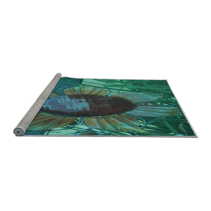 Sideview of Machine Washable Transitional Deep-Sea Green Rug, wshpat3966lblu