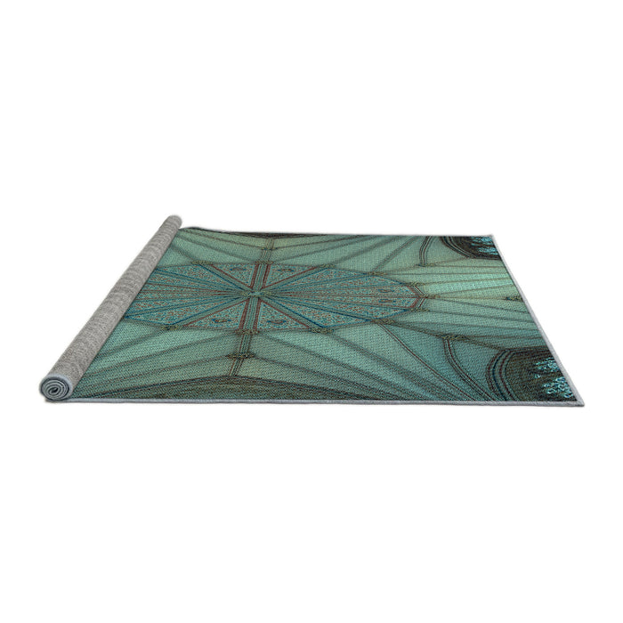 Sideview of Machine Washable Transitional Blue Moss Green Rug, wshpat3976lblu