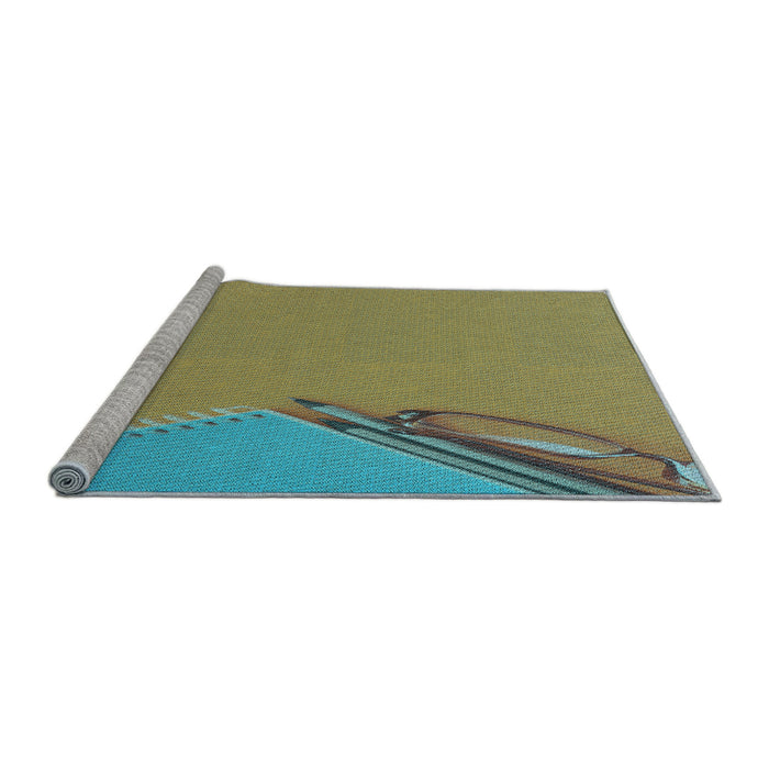 Sideview of Machine Washable Transitional Green Peas Green Rug, wshpat486lblu