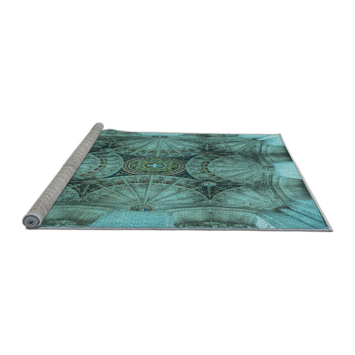 Sideview of Machine Washable Transitional Turquoise Green Rug, wshpat667lblu