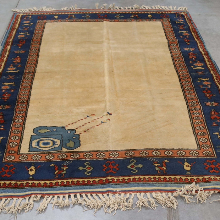 5x7 Turkey Turkish Ivory Blue Wool Rectangular Rug