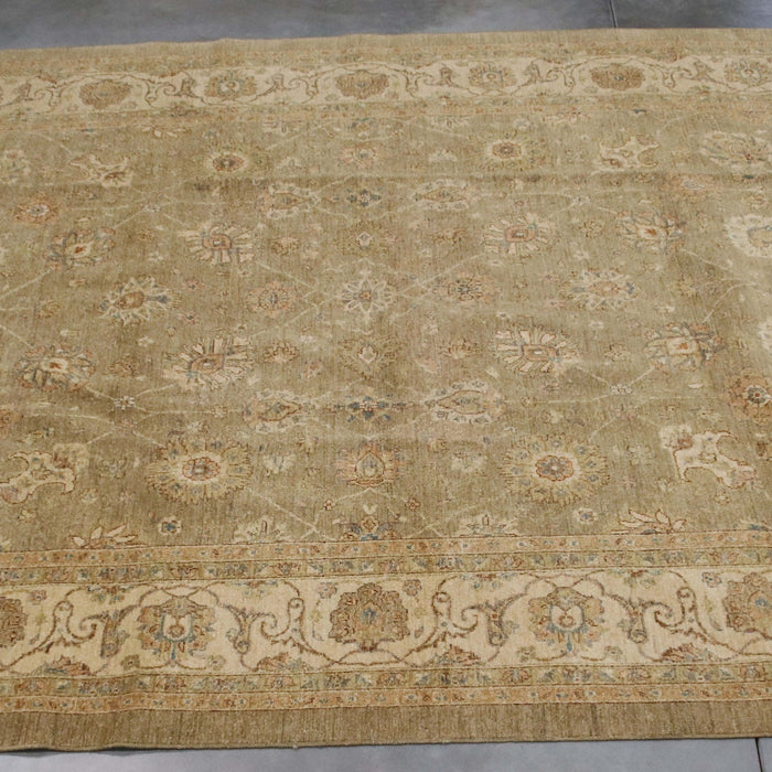 8x11 Pakistan Oushak Green Ivory Wool Rectangular Rug