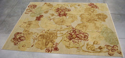 8x9 Pakistan Abstract Modern Contemporary Flowers Ivory Gold Wool Rectangular Rug