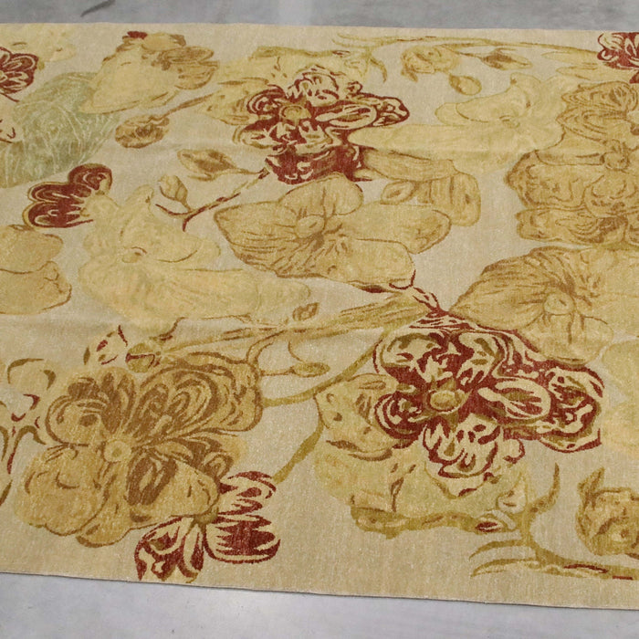 8x9 Pakistan Abstract Modern Contemporary Flowers Ivory Gold Wool Rectangular Rug