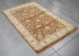 4x5 Pakistan Oushak Brown Ivory Wool Rectangular Rug