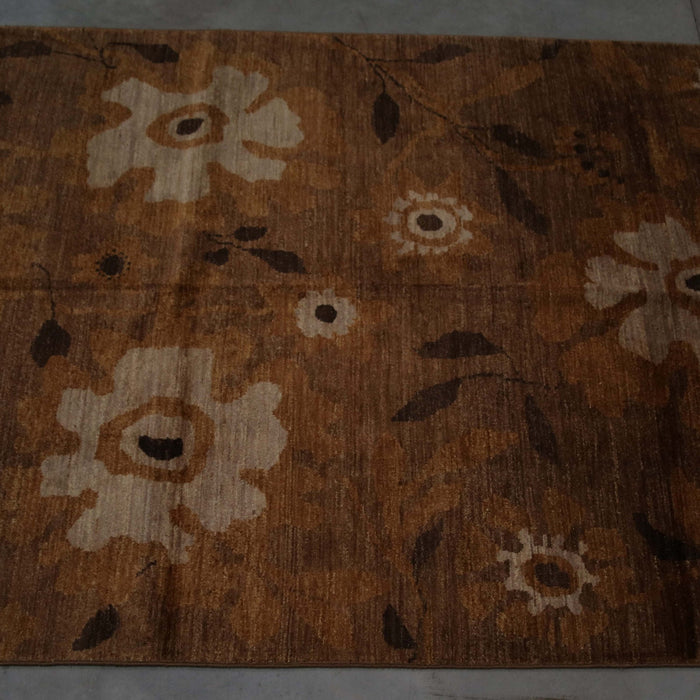 6x8 Pakistan Abstract Modern Contemporary Flower Brown Ivory Wool Rectangular Rug