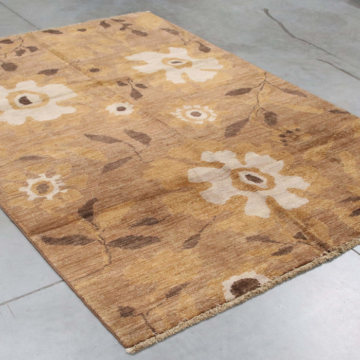 6x8 Pakistan Abstract Modern Contemporary Flower Brown Ivory Wool Rectangular Rug