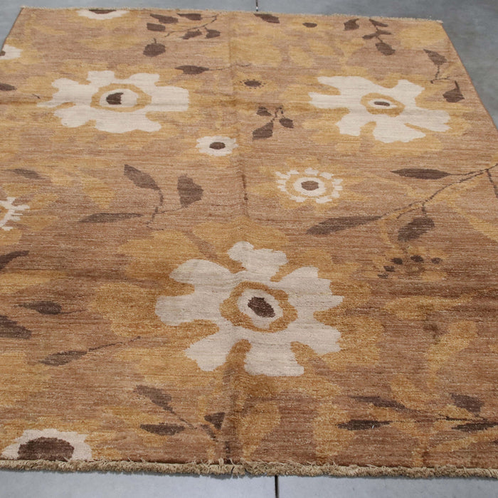 6x8 Pakistan Abstract Modern Contemporary Flower Brown Ivory Wool Rectangular Rug