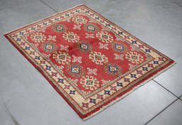 4x3 Pakistan Geometric Kazak Red Ivory Wool Rectangular Rug