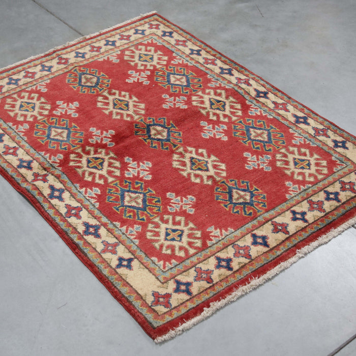 4x3 Pakistan Geometric Kazak Red Ivory Wool Rectangular Rug