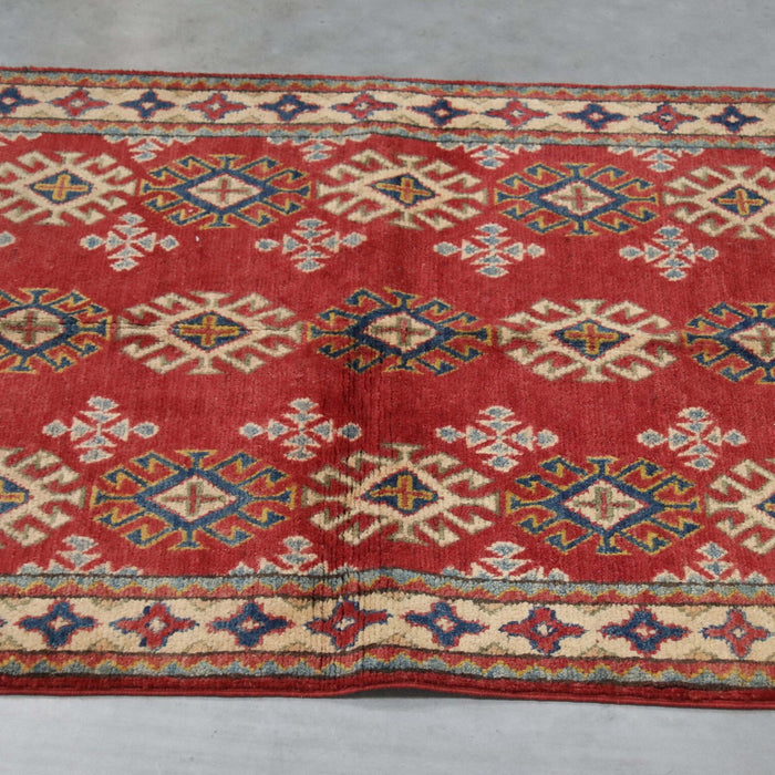 4x3 Pakistan Geometric Kazak Red Ivory Wool Rectangular Rug